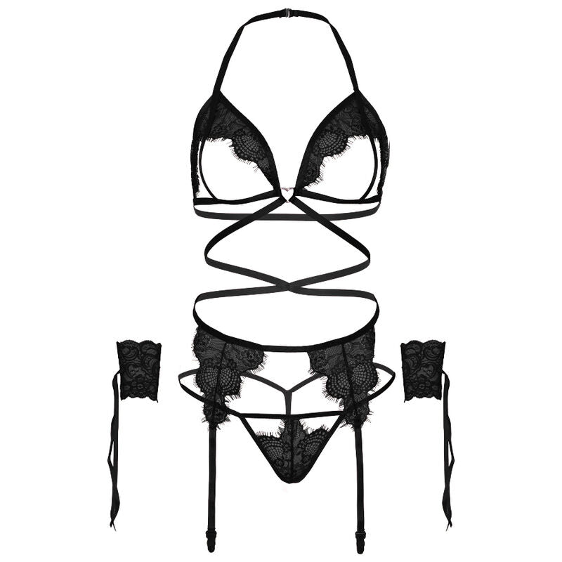 LEG AVENUE - FOUR PIECE SET BRA, G-STRING, GARTER BELT AND WRIST CUFFS ONE SIZE - BLACK