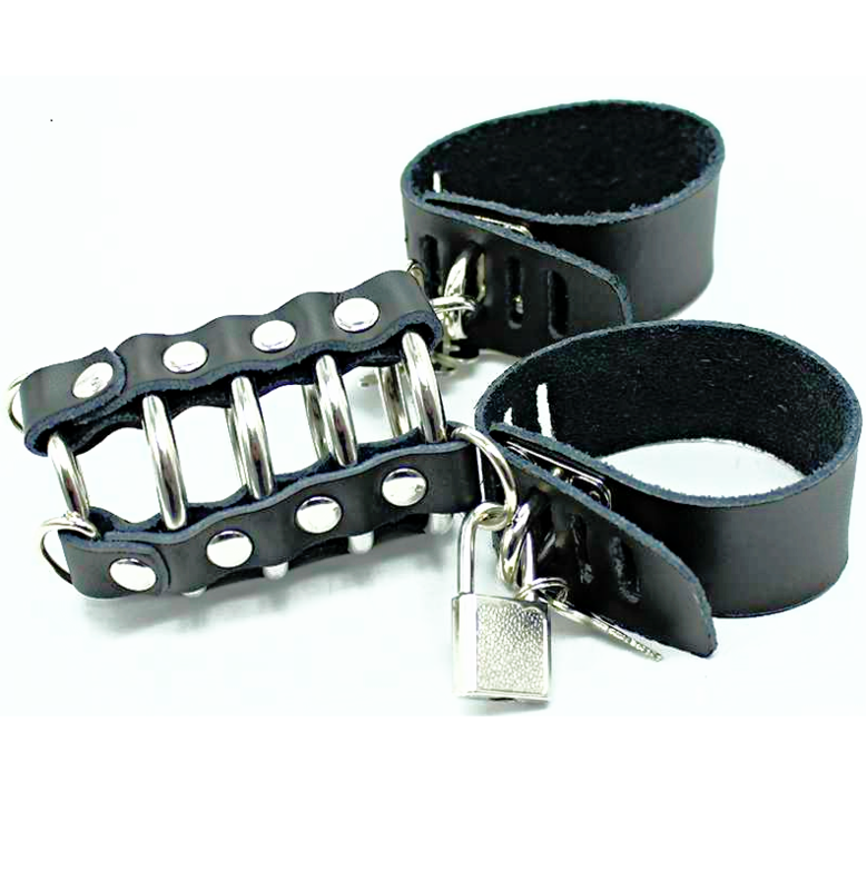OHMAMA FETISH - COCK CAGE WITH METAL RINGS AND LEATHER HANDLES