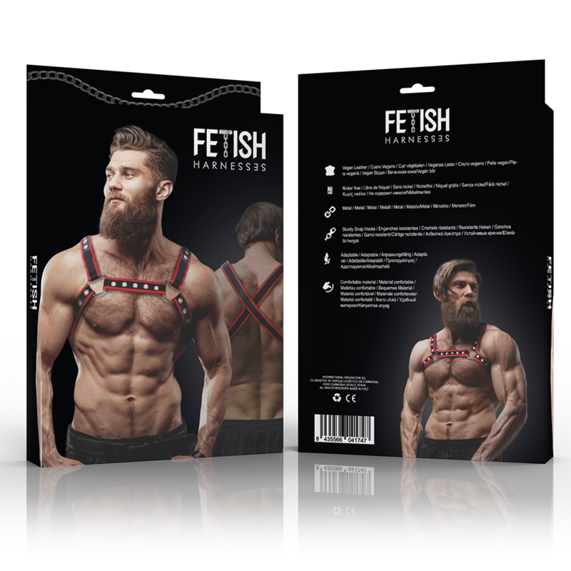 FETISH SUBMISSIVE ATTITUDE - MEN'S ECO LEATHER CHEST BULLDOG HARNESS BLACK/RED