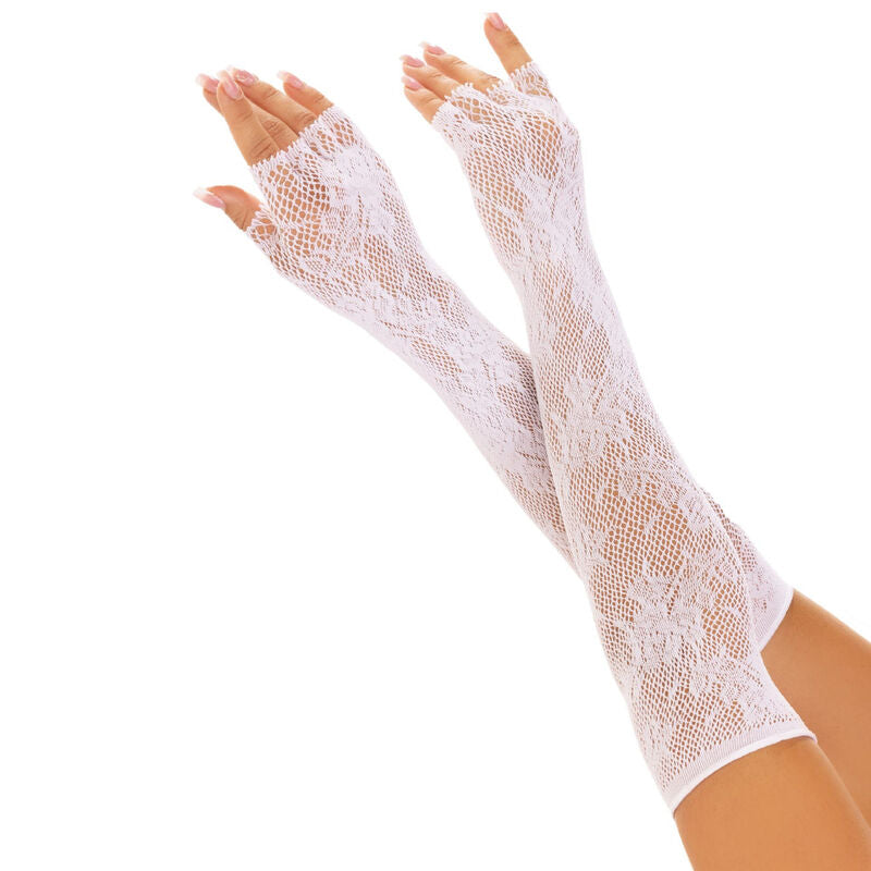 LEG AVENUE - GUANTES SIN DEDOS DE RED CON FLORES BLANCAS