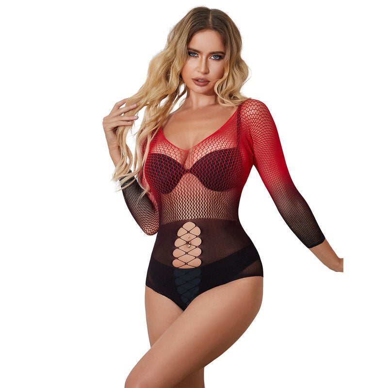 SUBBLIME - 952259 LONG SLEEVE RED AND BLACK GRADIENT NET DRESS ONE SIZE