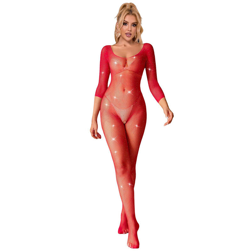 SUBBLIME - 952419 DIAMOND FISHNET BODYSUIT LONG SLEEVE RED ONE SIZE