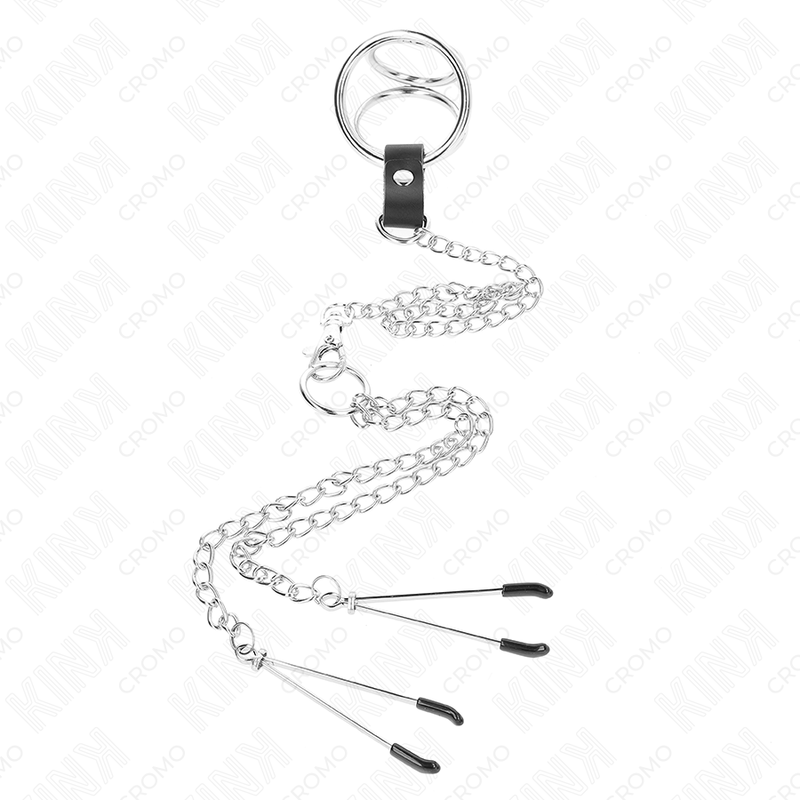 KINK - 3.8CM TO 5CM CHROME METAL TRIPLE COCK RING WITH 26CM METAL CHAIN AND NIPPLE CLAMPS MODEL 2