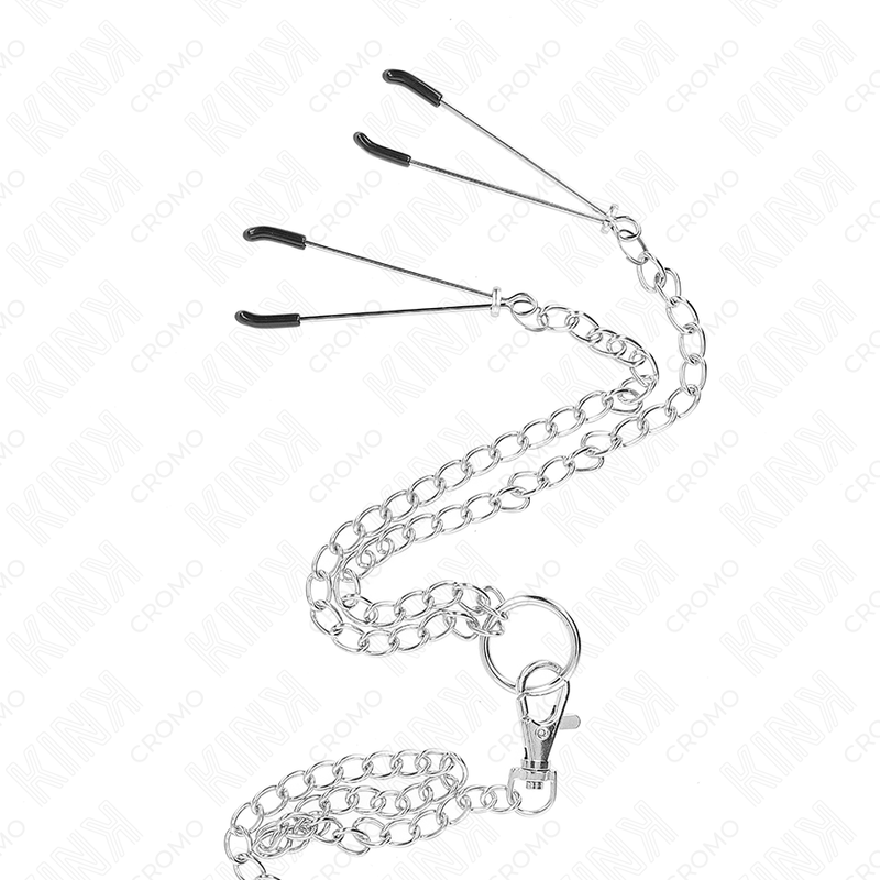 KINK - 3.8CM TO 5CM CHROME METAL TRIPLE COCK RING WITH 26CM METAL CHAIN AND NIPPLE CLAMPS MODEL 2
