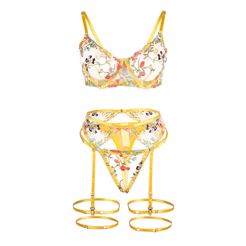 SUBBLIME - 954352 BRA + THONG + GARTER BELT YELLOW FLORAL DESIGN L/XL