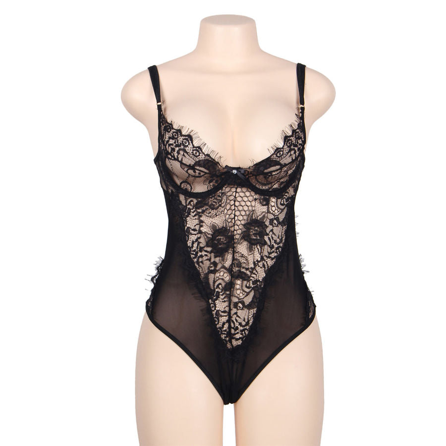 SUBBLIME - TEDDY QUEEN PLUS CON ENCAJE FLORAL Y FLECOS NEGROS