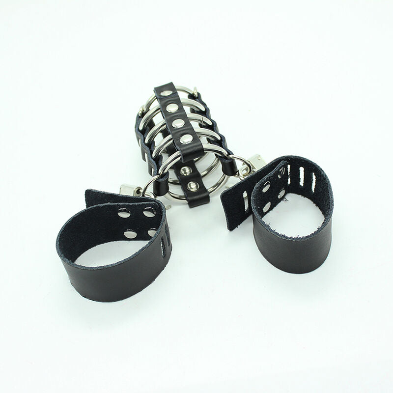 OHMAMA FETISH - COCK CAGE WITH METAL RINGS AND LEATHER HANDLES
