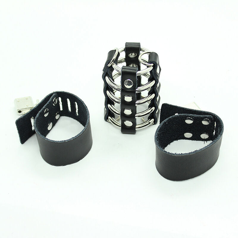 OHMAMA FETISH - COCK CAGE WITH METAL RINGS AND LEATHER HANDLES