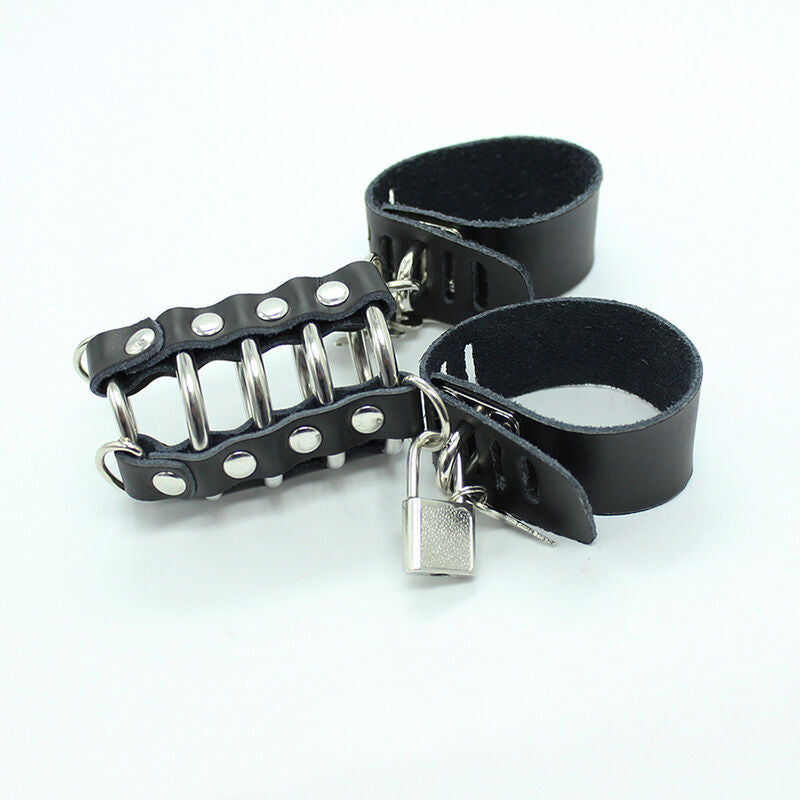 OHMAMA FETISH - COCK CAGE WITH METAL RINGS AND LEATHER HANDLES