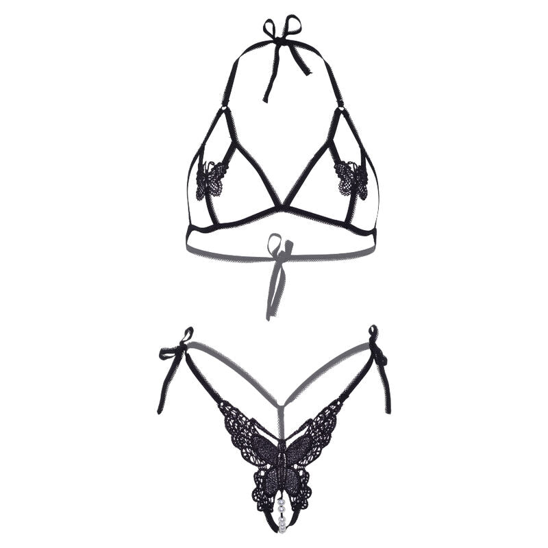 LEG AVENUE - CONJUNTO DE DOS PIEZAS DE SUJETADOR Y PANTALÓN CON MARIPOSAS Y PERLAS - TALLA ÚNICA - NEGRO