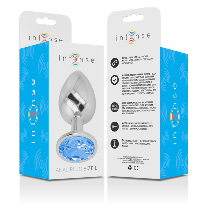 INTENSE - ALUMINUM METAL BUTT PLUG WITH BLUE CRYSTAL SIZE L