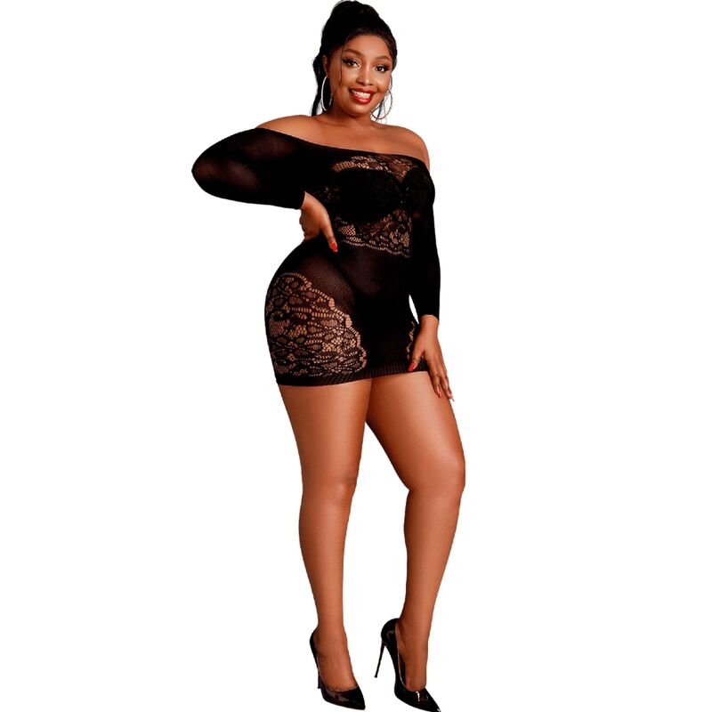 MOONLIGHT - MODEL 7 BLACK PLUS SIZE LONG SLEEVE DRESS