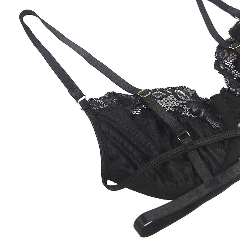 SUBBLIME - 3-PIECE SET BRA + THONG + LACE GARTER BLACK S/M