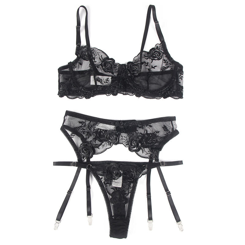 SUBBLIME - 3-PIECE SET BRA + THONG + BLACK FLORAL PRINT GARTER L/XL