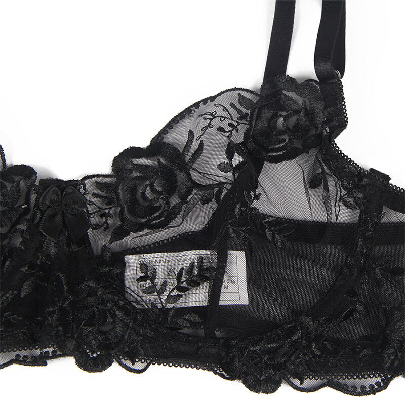SUBBLIME - 3-PIECE SET BRA + THONG + BLACK FLORAL PRINT GARTER L/XL