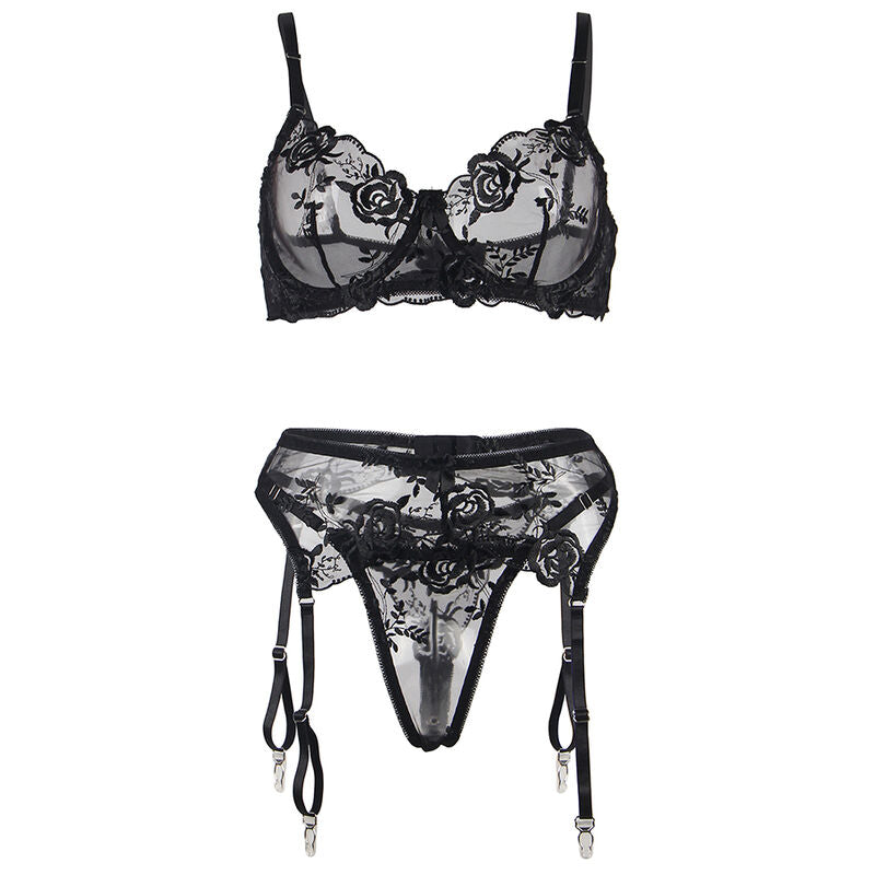 SUBBLIME - 3-PIECE SET BRA + THONG + BLACK FLORAL PRINT GARTER L/XL
