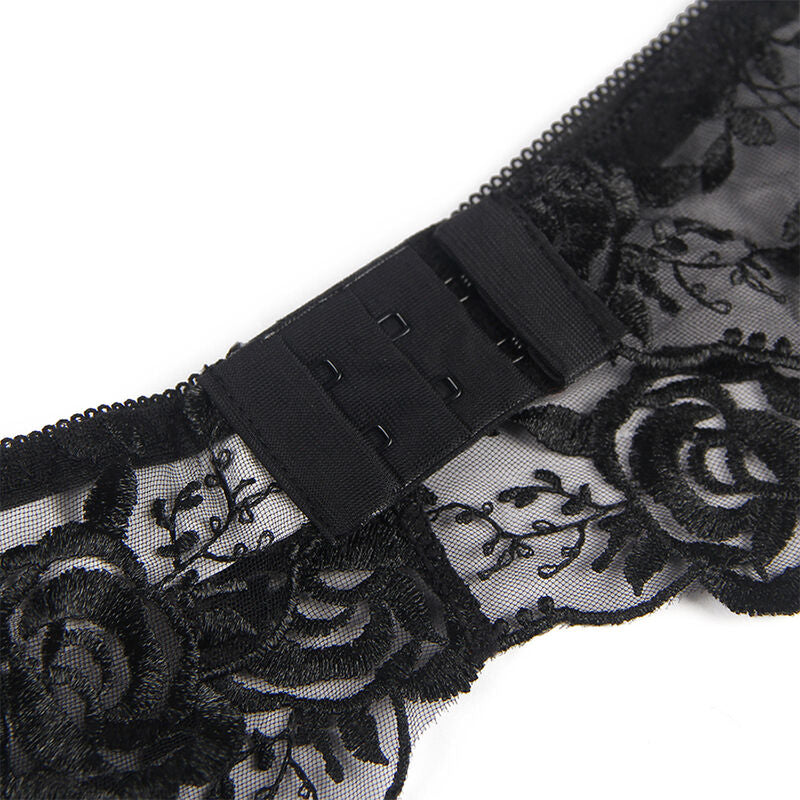 SUBBLIME - 3-PIECE SET BRA + THONG + BLACK FLORAL PRINT GARTER L/XL