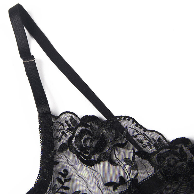 SUBBLIME - 3-PIECE SET BRA + THONG + BLACK FLORAL PRINT GARTER L/XL