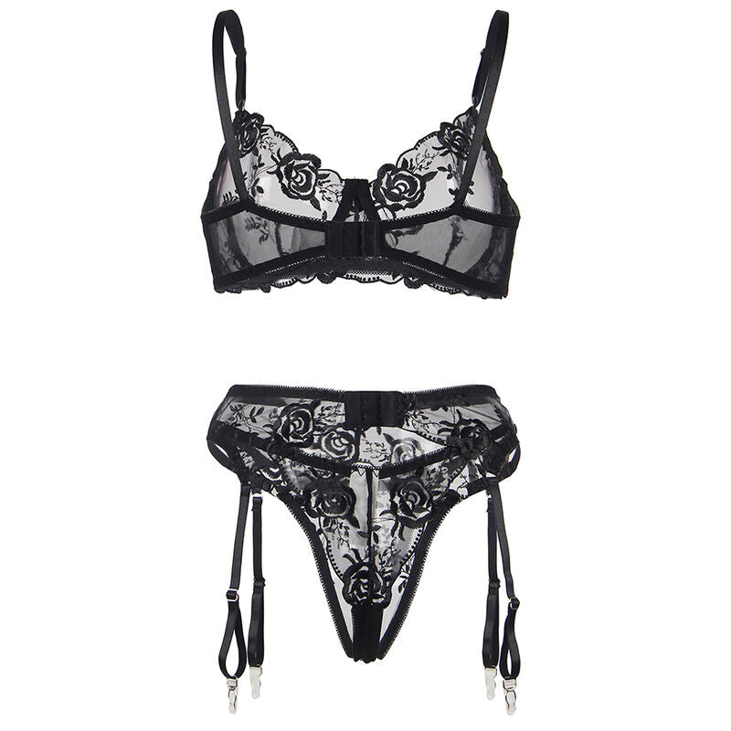 SUBBLIME - 3-PIECE SET BRA + THONG + BLACK FLORAL PRINT GARTER L/XL