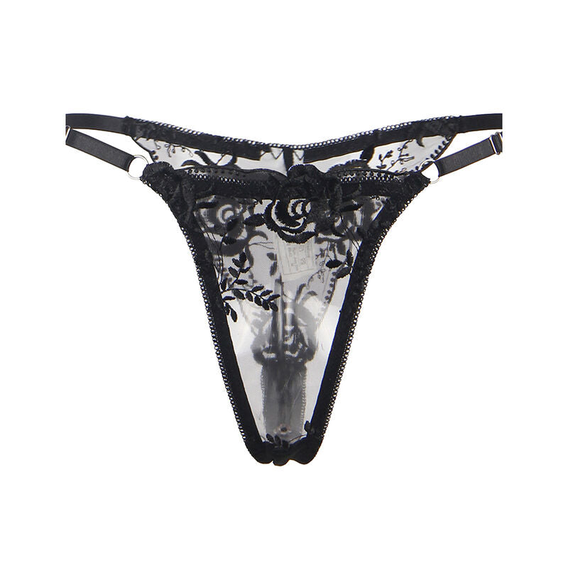 SUBBLIME - 3-PIECE SET BRA + THONG + BLACK FLORAL PRINT GARTER L/XL