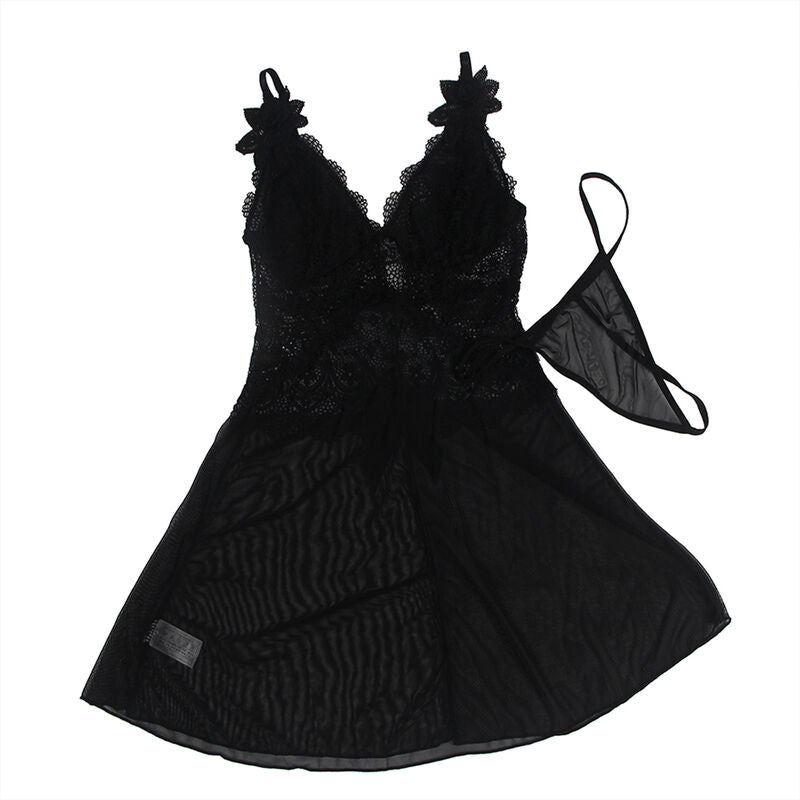 SUBBLIME - BABYDOLL IN TULLE FABRIC WITH LACE AND FLOWER DETAIL BLACK S/M