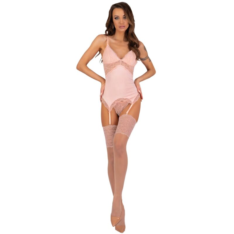 LIVCO CORSETTI FASHION - PERSINNE PEACH CORSET + PANTIES + STOCKINGS SET