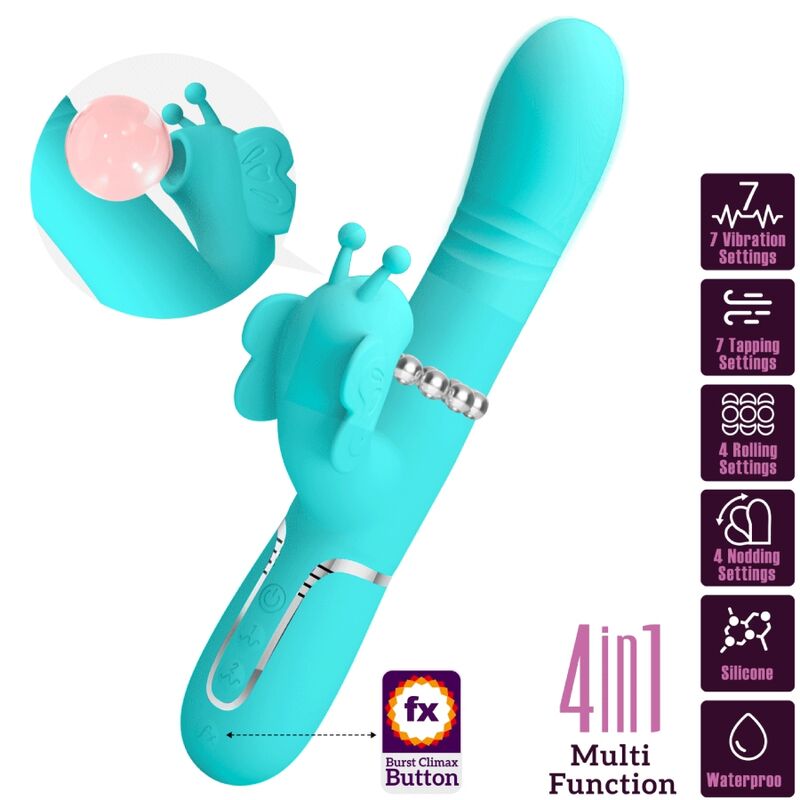 PRETTY LOVE - 4 IN 1 MULTIFUNCTION RABBIT VIBRATOR BUTTERFLY AQUA GREEN