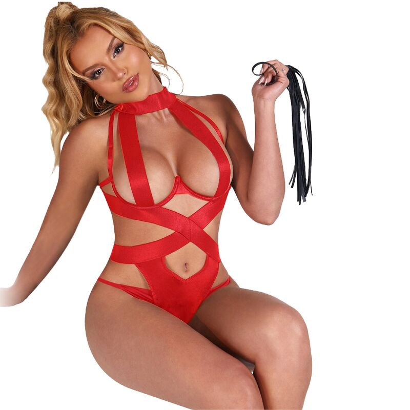 SUBBLIME - SEXY HALTER BODYSUIT WITH RED HARNESS S/M