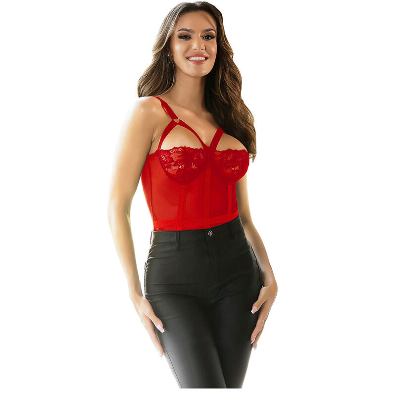SUBBLIME - TEDDY WITH GARTER SHOULDER DETAIL RED BREAST S/M