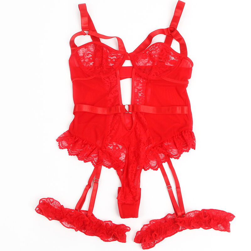 SUBBLIME - TEDDY WITH GARTER WITH LACE DETAIL AND RED STRAPS S/M