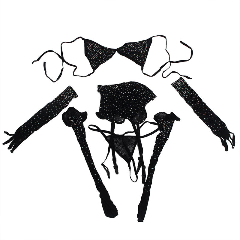 SUBBLIME - 952174 BLACK MESH BODYSUIT WITH GLOVES AND DIAMONDS ONE SIZE
