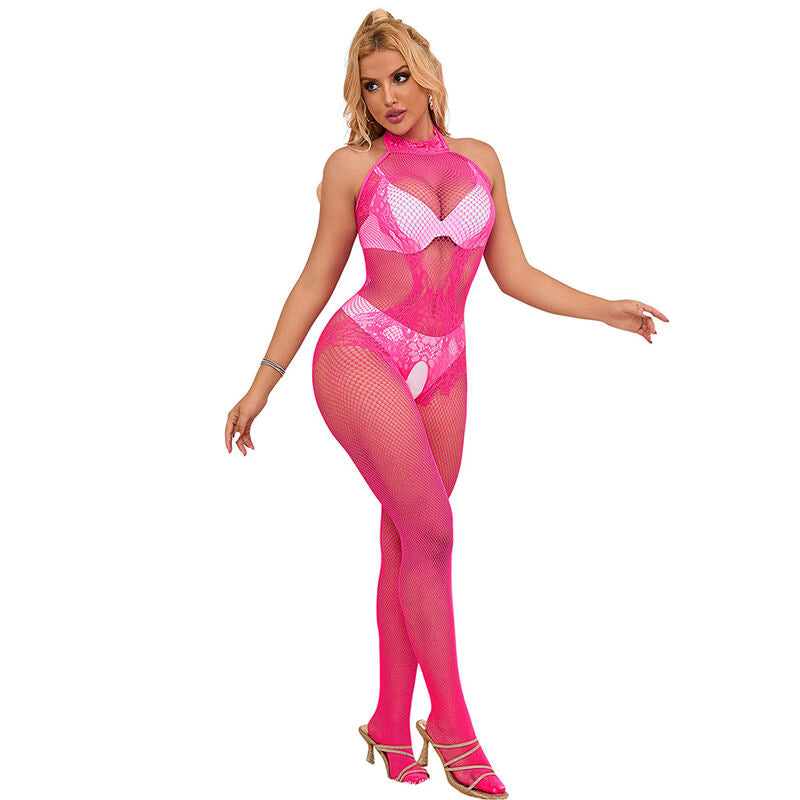 SUBBLIME - 952389 PINK HIGH NECK LACE NET BODYSUIT ONE SIZE