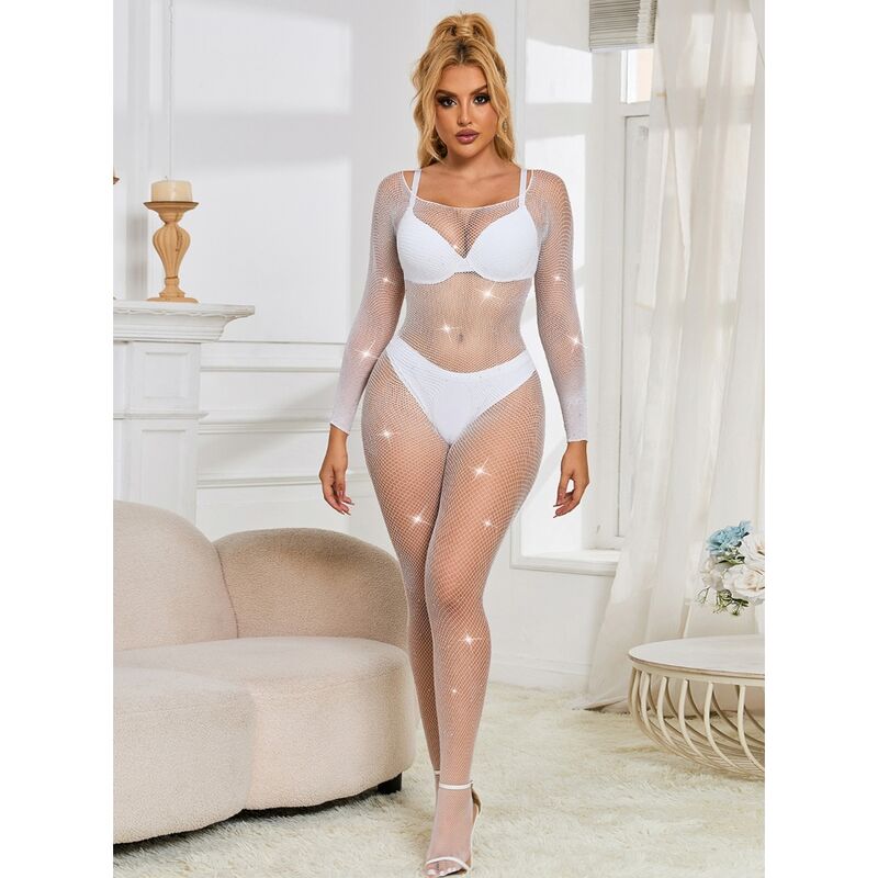 SUBBLIME - 952396 DIAMOND MESH BODYSUIT LONG SLEEVE WHITE ONE SIZE