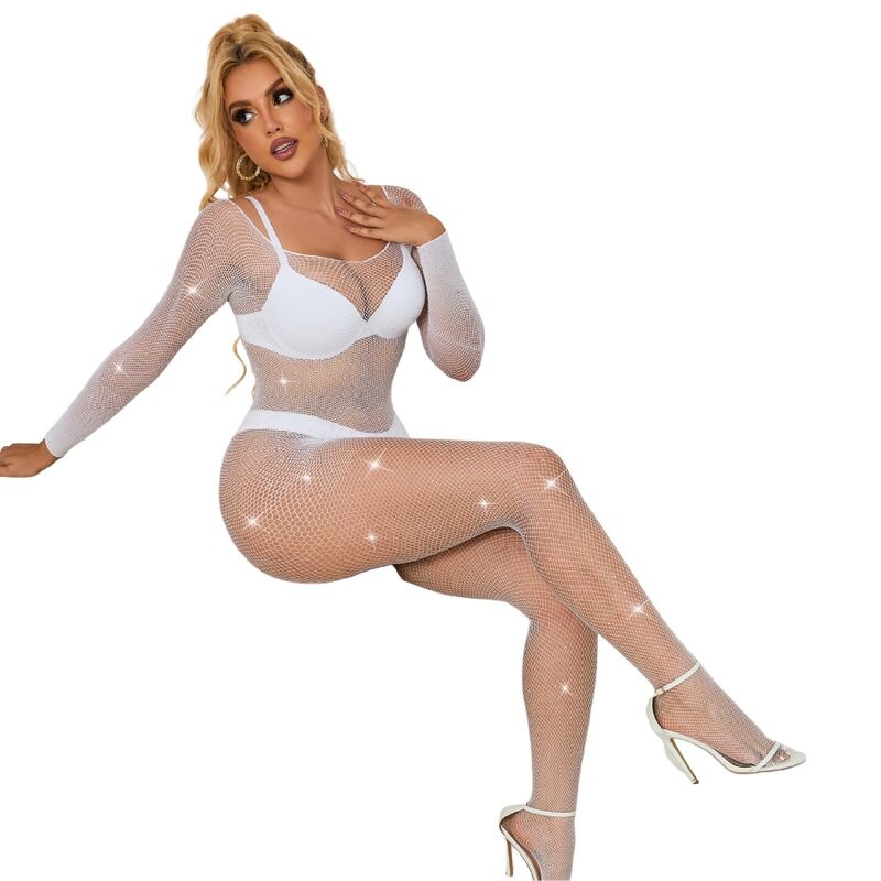 SUBBLIME - 952396 DIAMOND MESH BODYSUIT LONG SLEEVE WHITE ONE SIZE