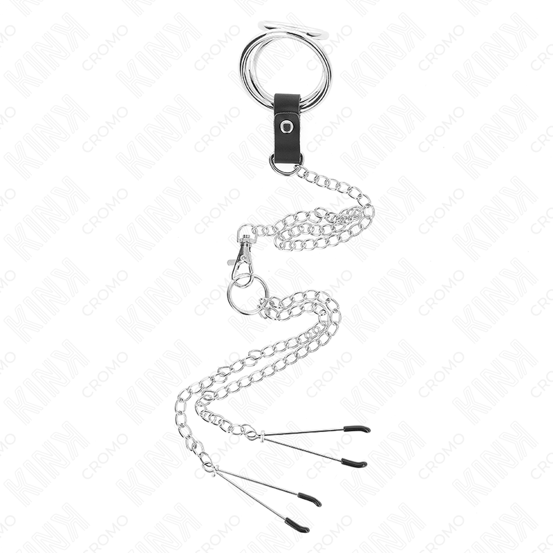 KINK - 3CM TO 4.5CM TRIPLE CHROME METAL COCK RING WITH 26CM METAL CHAIN ​​AND NIPPLE CLIPS