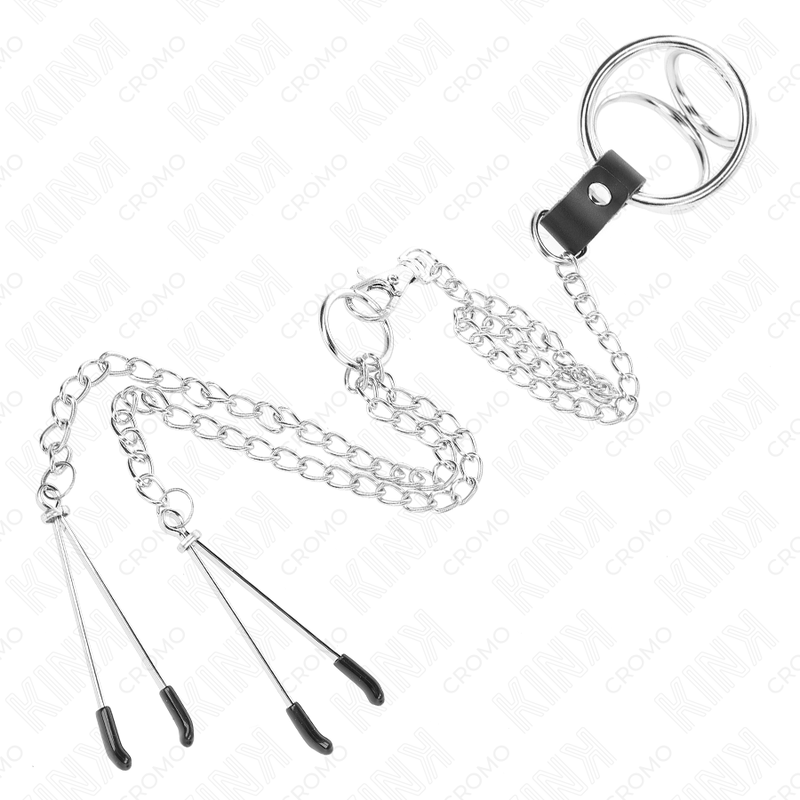 KINK - 3CM TO 4.5CM TRIPLE CHROME METAL COCK RING WITH 26CM METAL CHAIN ​​AND NIPPLE CLIPS