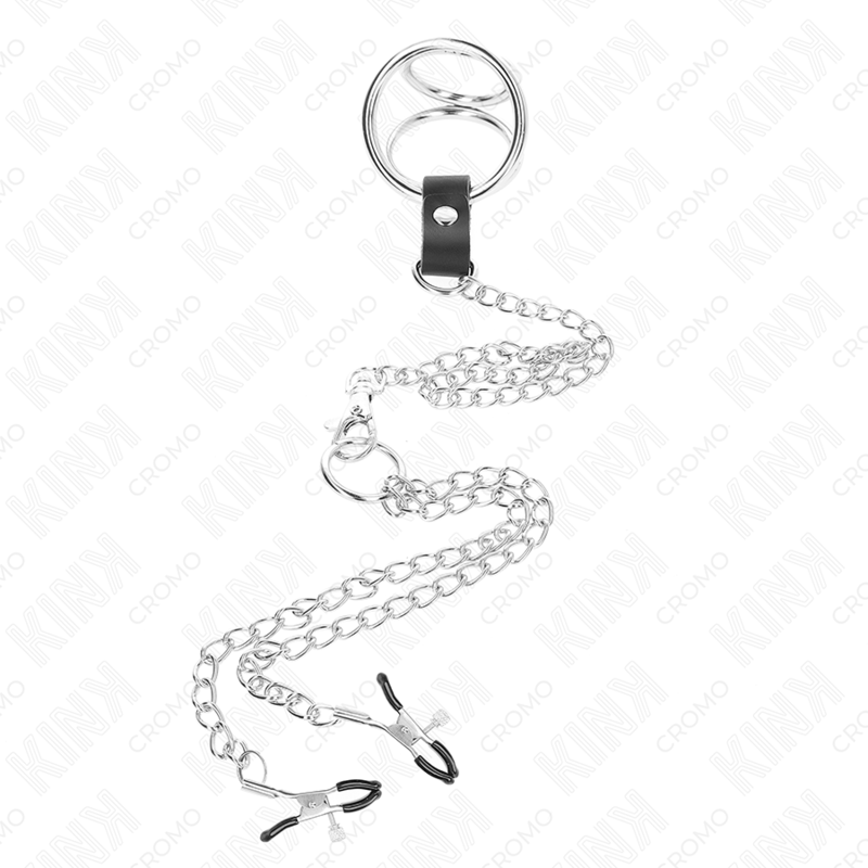 KINK - 3.8CM TO 5CM CHROME METAL TRIPLE COCK RING WITH 26CM METAL CHAIN ​​AND NIPPLE CLAMPS MODEL 1