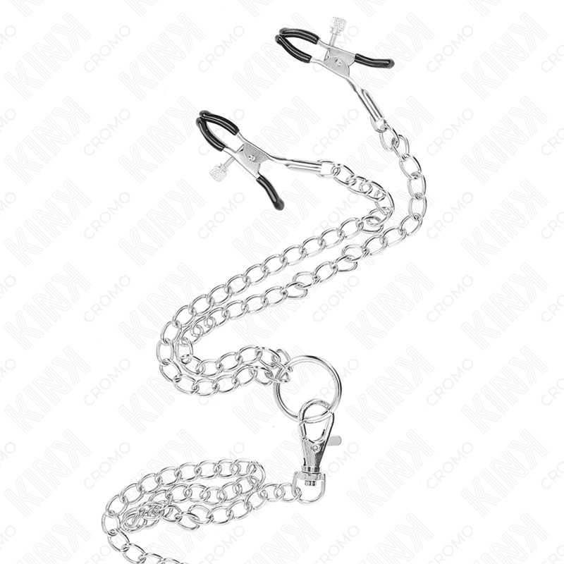 KINK - 3.8CM TO 5CM CHROME METAL TRIPLE COCK RING WITH 26CM METAL CHAIN ​​AND NIPPLE CLAMPS MODEL 1