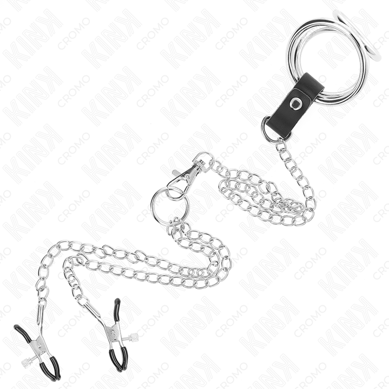 KINK - 3.8CM TO 5CM CHROME METAL TRIPLE COCK RING WITH 26CM METAL CHAIN ​​AND NIPPLE CLAMPS MODEL 1