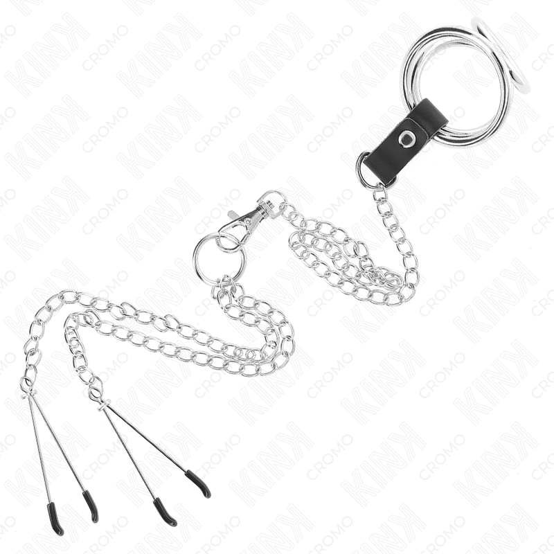 KINK - 3.8CM TO 5CM CHROME METAL TRIPLE COCK RING WITH 26CM METAL CHAIN ​​AND NIPPLE CLAMPS MODEL 2