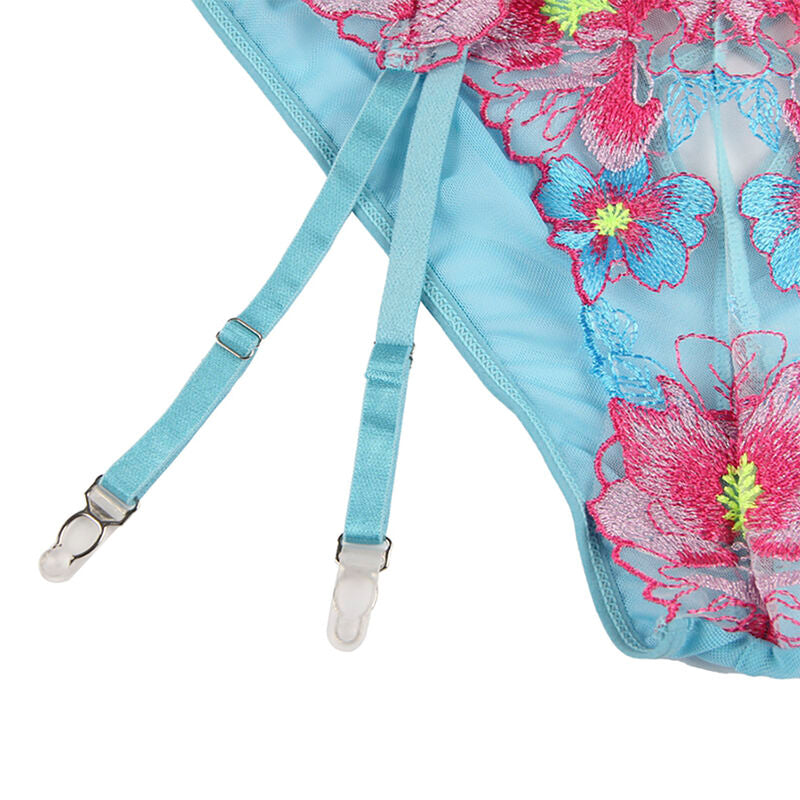 SUBBLIME - 954109 BRA + PANTIES WITH GARTER BELT BLUE FLORAL DESIGN S/M