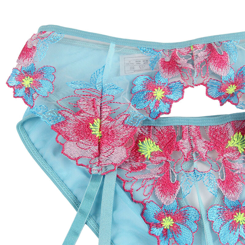 SUBBLIME - 954109 BRA + PANTIES WITH GARTER BELT BLUE FLORAL DESIGN S/M