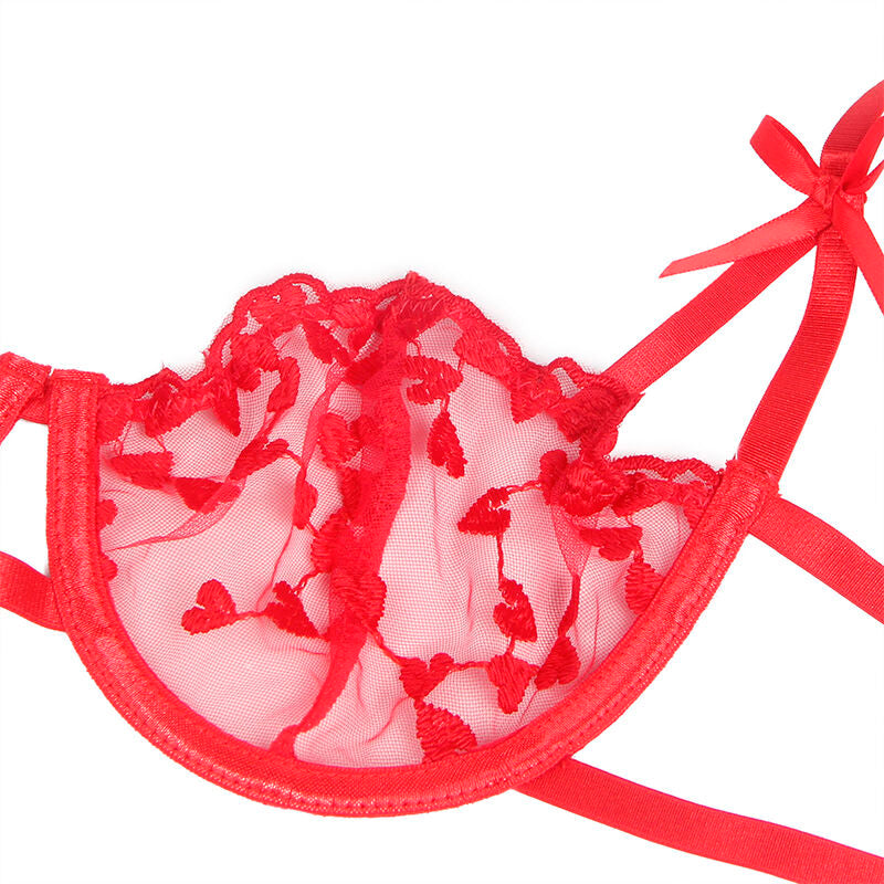 SUBBLIME - 954338 SUJETADOR + TANGA + LIGUERO ESTAMPADO CORAZONES ROJO L/XL