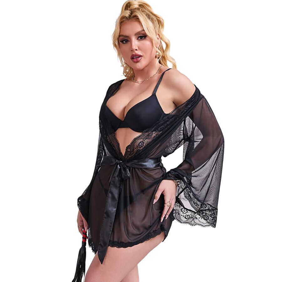 SUBBLIME - BLACK SHEER FABRIC ROBE WITH LACE DETAIL S/M