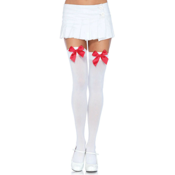 LEG AVENUE - NYLON THIGHS WITH WHITE/RED BOW