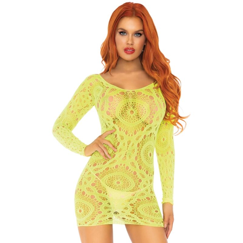 LEG AVENUE - NEON LONG SLEEVE CROCHET LACE MINI DRESS ONE SIZE