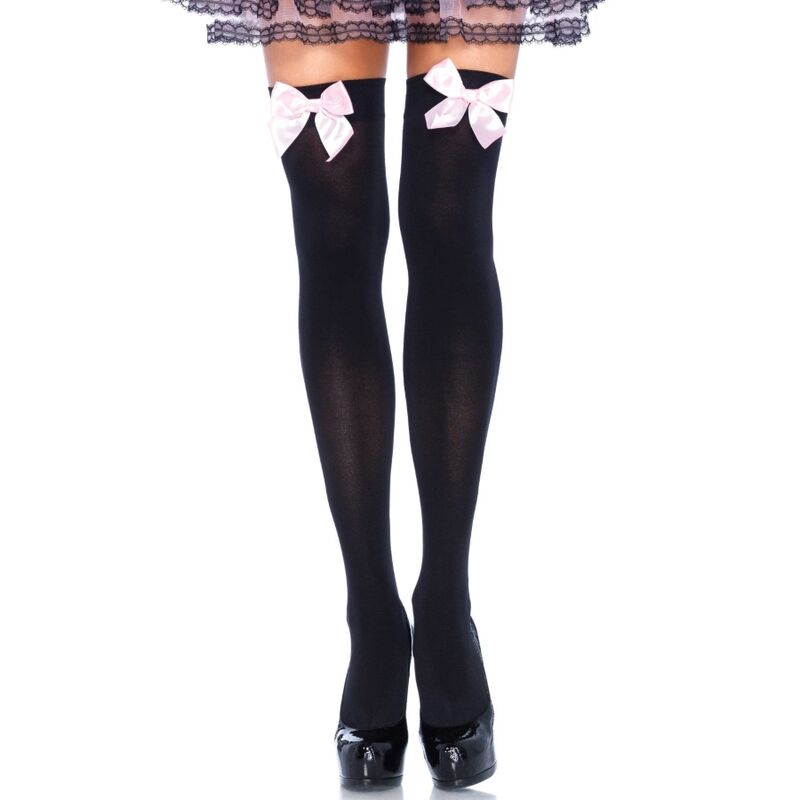 LEG AVENUE - BLACK NYLON THIGHS WITH PINK BOW ONE SIZE